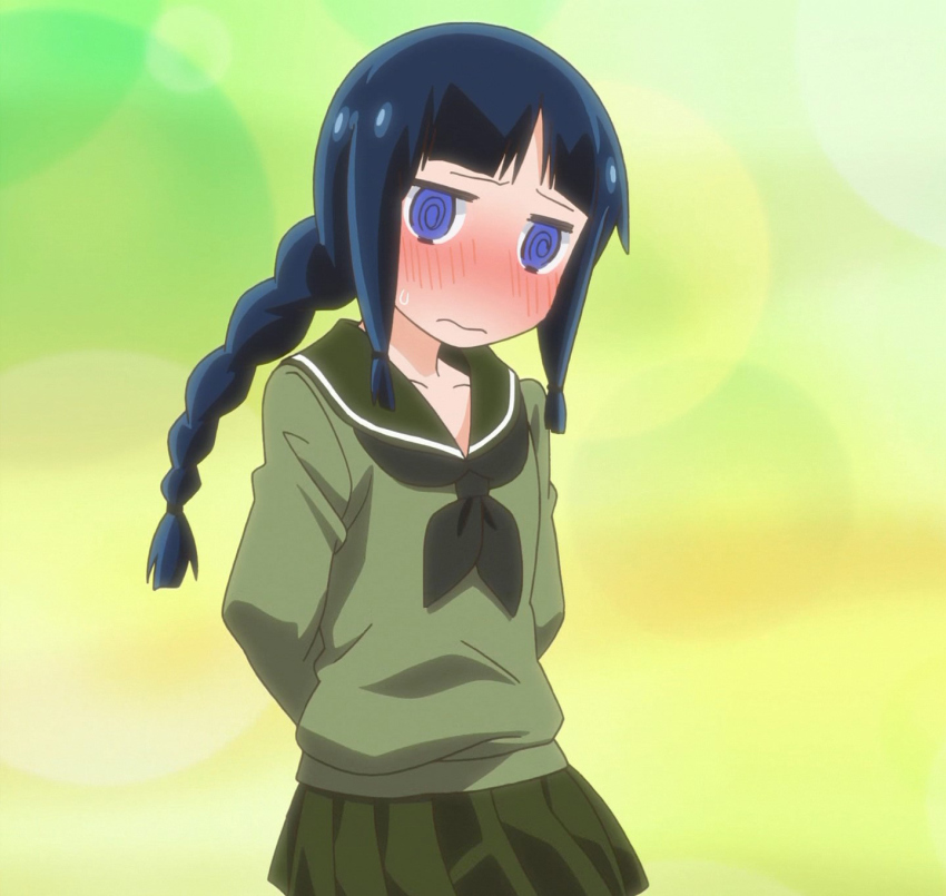anime_screenshot blue_eyes blue_hair braid cosplay denki-gai_no_hon&#039;ya-san highres kantai_collection kitakami_(kancolle)_(cosplay) pleated_skirt school_uniform sensei_(denki-gai) skirt solo