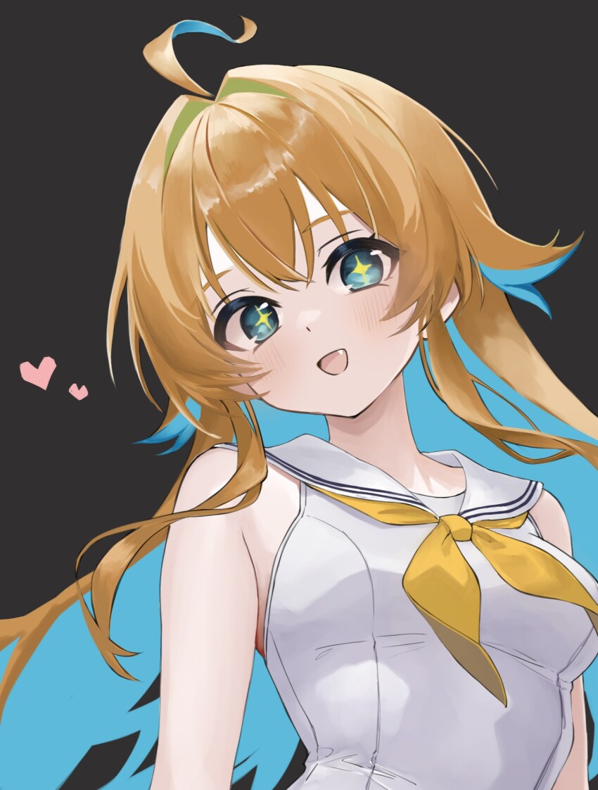 1girl ahoge aqua_eyes aqua_hair breasts fang grey_background heart highres long_hair looking_at_viewer multicolored_hair neckerchief open_mouth orange_hair ralmia_(shadowverse) ritaiya sailor_collar shadowverse simple_background smile solo two-tone_hair upper_body white_sailor_collar yellow_neckerchief