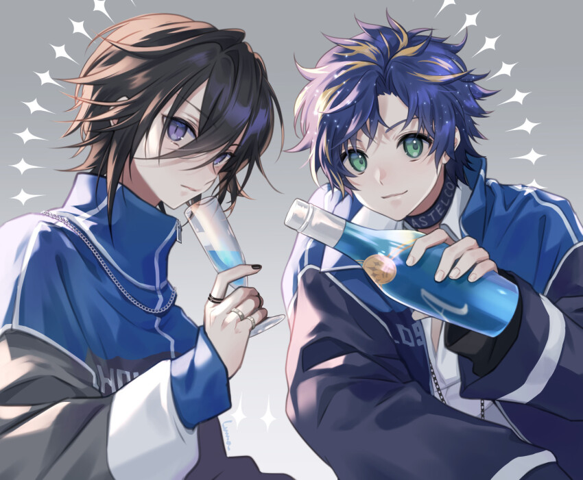 2boys alternate_costume astel_leda black_hair black_nails blonde_hair blue_hair bottle chain chain_necklace collar cup gradient_background green_eyes grey_background holding holding_bottle holding_cup holostars jacket jewelry kanade_izuru looking_at_viewer luma8b male_focus multicolored_hair multiple_boys multiple_rings necklace open_clothes open_jacket purple_eyes ring short_hair slit_pupils smile sparkle two-tone_hair upper_body virtual_youtuber