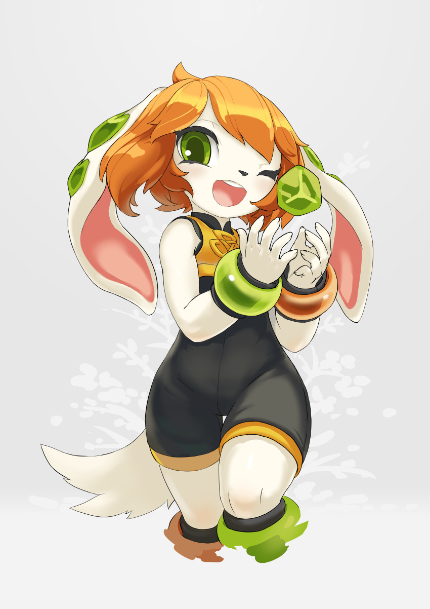 1girl 2016 absurdres ahoge animal_ears anklet bag barefoot basset_hound bracelet breasts chinese_clothes chinese_knot contrapposto crop_top cube digitigrade dog dog_ears dog_girl dog_tail downturned_eyes floating_hair freedom_planet freedom_planet_2 from_below furry furry_female green_eyes highres jewelry krita_(medium) looking_at_viewer looking_down milla_basset non-web_source open_mouth orange_hair own_hands_together romper simple_background small_breasts smile standing standing_on_one_leg tail tsurime tyson_tan wristband