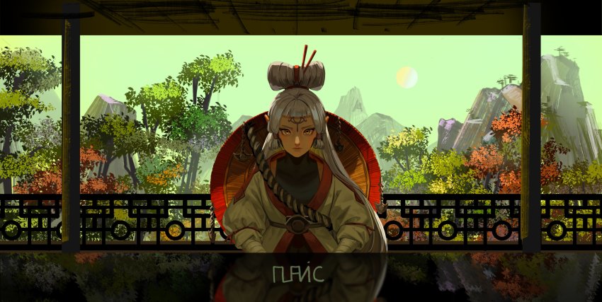 1girl absurdres bandaged_arm bandages blush breasts brown_eyes chinese_clothes closed_mouth day facial_mark forehead_mark frown hair_bun hair_ornament hair_stick hair_tubes hair_up hat highres holding hyrule_warriors:_age_of_calamity impa japanese_clothes long_hair long_sleeves looking_at_viewer mountain nintendo outdoors pointy_ears sheikah signature silver_hair single_hair_bun solo tehwi the_legend_of_zelda the_legend_of_zelda:_breath_of_the_wild tree