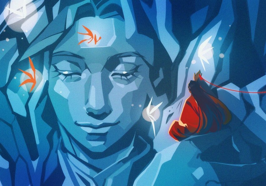1boy black_hair blue_background bug butterfly chinese_clothes closed_eyes closed_mouth film_grain from_behind giant glowing glowing_butterfly hand_up hanfu hua_cheng implied_yaoi insect long_hair no_lineart orange_butterfly quelmdn red_hanfu red_robe robe rock sitting smile solo statue string string_around_finger string_of_fate tianguan_cifu very_long_hair white_butterfly xie_lian