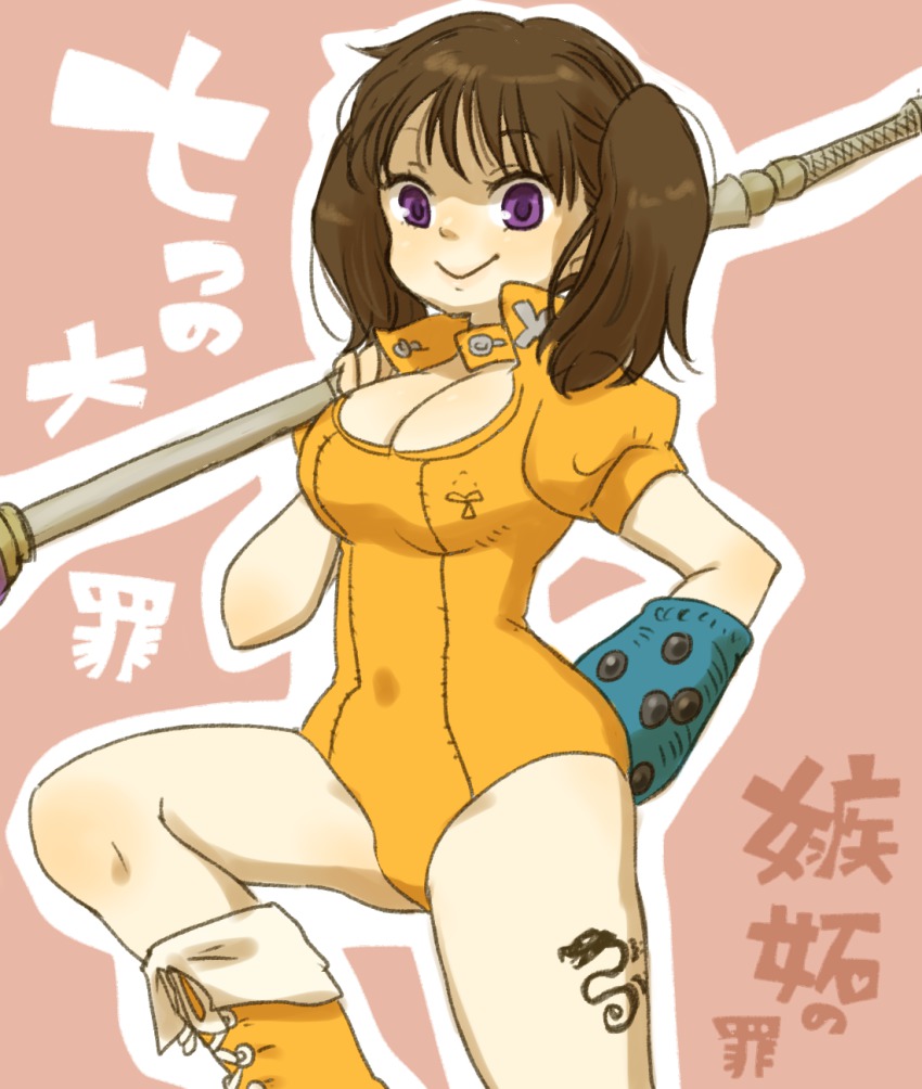 10s 1girl animal_print arm_behind_back black_hair blue_gloves blush bodysuit boots breasts brown_hair cleavage closed_mouth copyright_name covered_navel diane_(nanatsu_no_taizai) elbow_gloves emblem eyelashes female_focus from_side gloves hammer happy high_collar highres hip_focus holding holding_weapon knee_boots lace-up_boots large_breasts leg_up legs_apart leotard light_smile long_hair looking_at_viewer nanatsu_no_taizai orange_boots outline over_shoulder pink_background polearm puffy_short_sleeves puffy_sleeves purple_eyes short_sleeves simple_background single_elbow_glove single_glove smile snake solo tattoo thighs translation_request twintails unbuttoned weapon weapon_over_shoulder yukke