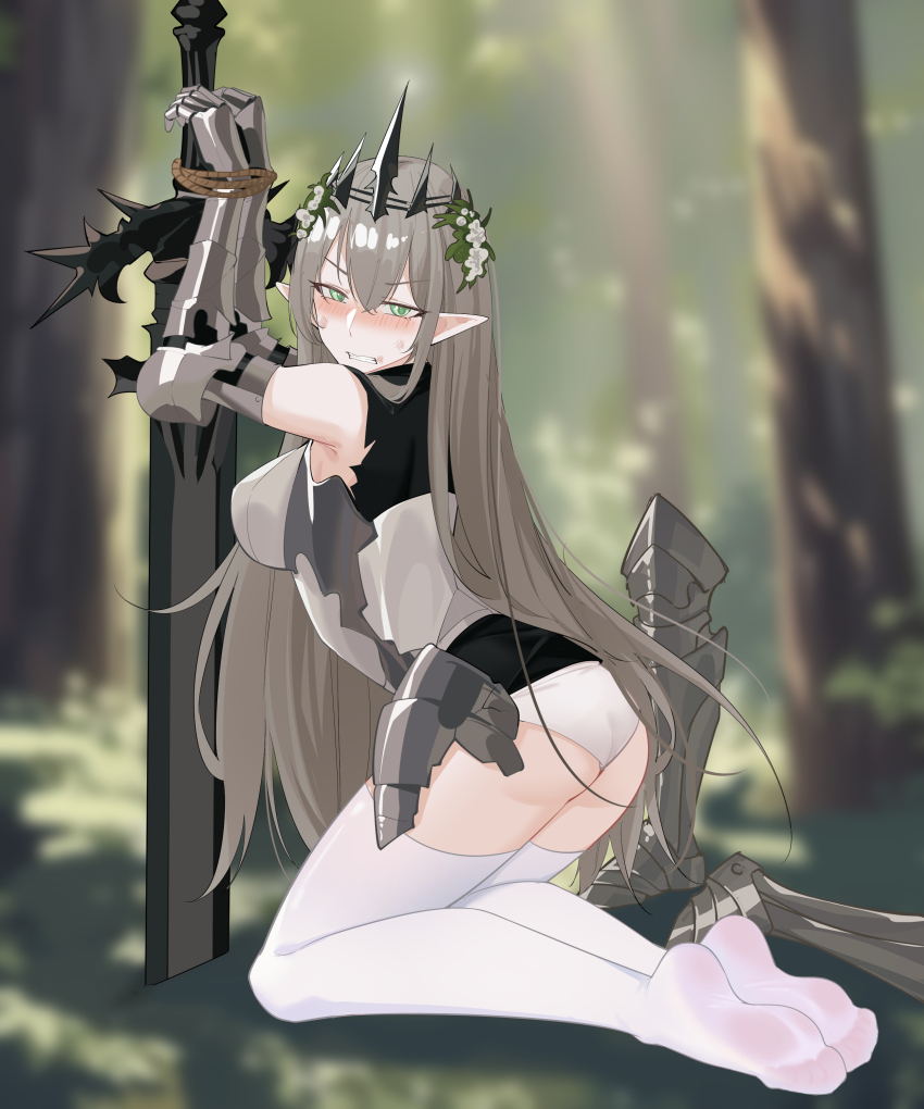 1girl absurdres armor armpit_crease arms_up ass blurry blurry_background boots bound bound_wrists breastplate breasts broken_armor chinese_commentary commentary_request crossed_bangs elf feet flower full_body gauntlets green_eyes grey_hair hair_flower hair_ornament highres kneeling large_breasts legs long_hair looking_at_viewer nanase_young no_shoes original outdoors panties pointy_ears soles solo sword thighhighs thighs toes underwear unworn_boots variant_set very_long_hair weapon white_panties white_thighhighs