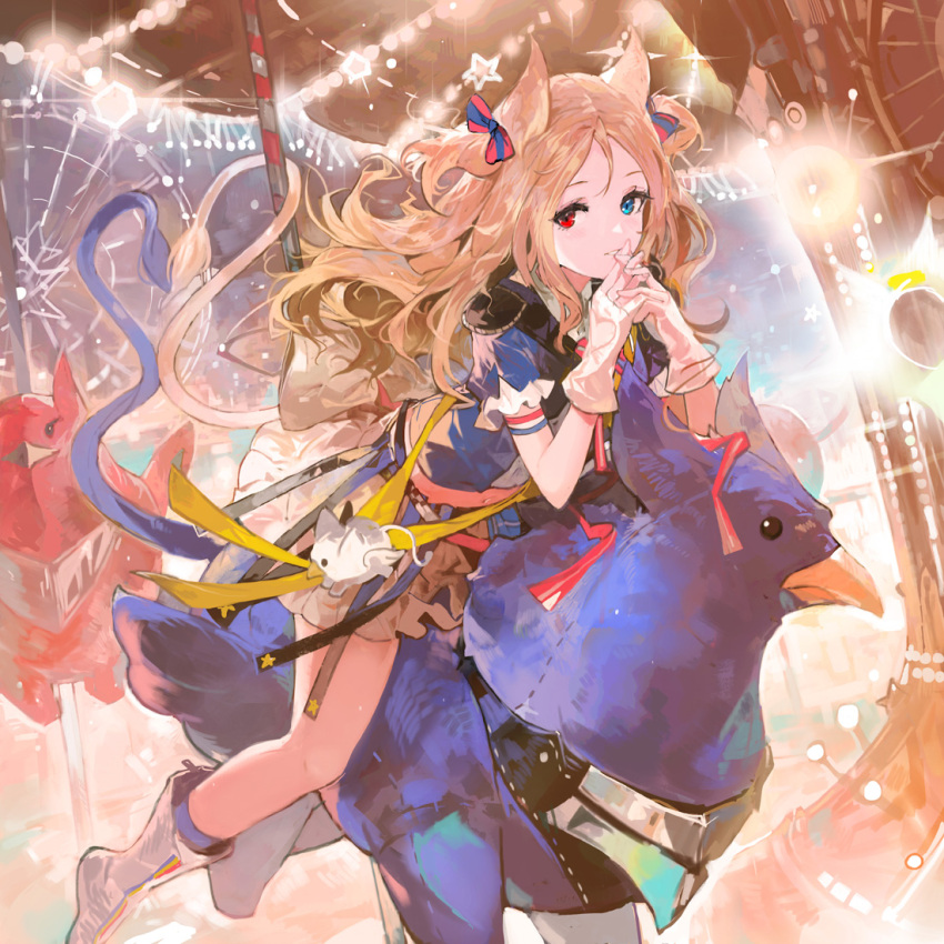 1girl alchemaniac animal_ears archetto_(arknights) archetto_(publicity_strategy)_(arknights) arknights blonde_hair blue_eyes dress full_body gloves griffin heterochromia instrument long_hair microphone red_eyes smile tail