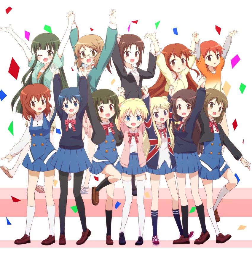 10s 1boy 6+girls absurdres alice_cartelet arm_up arms_up bassa black_hair blonde_hair blue_eyes blue_hair bow bowtie braid brother_and_sister brown_eyes brown_hair everyone formal_clothes glasses green_eyes green_hair hair_bow hair_ornament hairclip highres higurashi_kana holding_hands inokuma_kouta inokuma_mitsuki inokuma_youko jacket karasuma_sakura kin-iro_mosaic komichi_aya kujou_karen kuzehashi_akari long_hair matsubara_honoka multiple_girls one_eye_closed oomiya_isami oomiya_shinobu pantyhose purple_eyes school_uniform scrunchie shirt short_hair siblings side_ponytail sisters smile striped_bow striped_bowtie striped_clothes suit t-shirt thighhighs track_jacket twintails union_jack white_legwear x_hair_ornament zettai_ryouiki