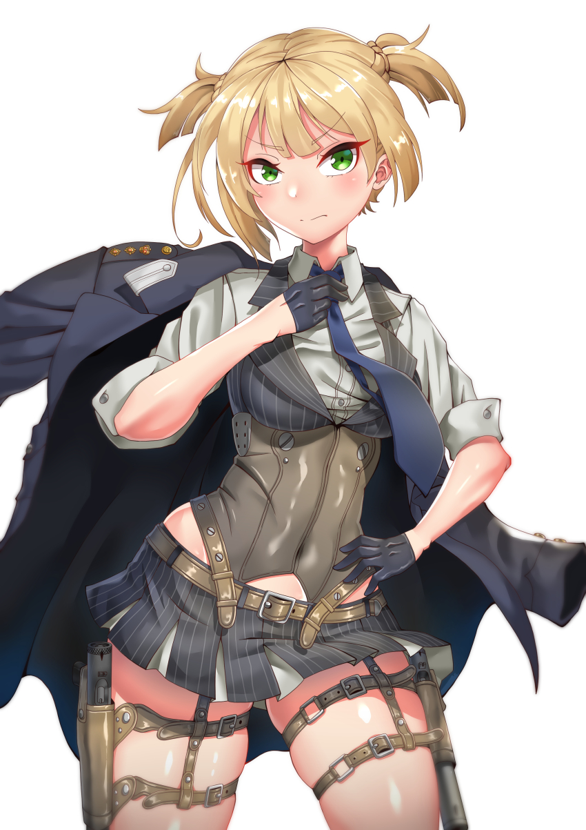 1girl absurdres adjusting_clothes adjusting_necktie belt black_gloves blue_necktie bolt_action breasts coat coat_on_shoulders corset covered_navel girls&#039;_frontline gloves green_eyes gun hand_on_own_hip handgun head_out_of_frame highres hip_vent hitch_(perotoss) holster insignia integral_suppressor integrally-suppressed_firearm korean_commentary medium_breasts military military_rank_insignia military_uniform miniskirt navel necktie pinstripe_pattern pinstripe_vest shirt short_hair skindentation skirt sleeves_rolled_up solo striped_clothes striped_shirt striped_skirt striped_vest suppressor thick_thighs thigh_holster thigh_strap thighs two_side_up vertical-striped_clothes vertical-striped_shirt vertical-striped_vest vest weapon welrod welrod_mk_ii welrod_mkii_(girls&#039;_frontline) white_background