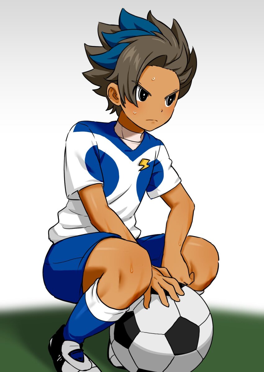 1boy ball black_eyes blue_hair blue_shorts blue_socks brown_hair closed_mouth dark-skinned_male dark_skin gradient_background grey_background highres inazuma_eleven_(series) inazuma_eleven_go inazuma_eleven_go_galaxy kneehighs lightning_bolt_symbol male_focus matatagi_hayato multicolored_hair shorts simple_background soccer_ball soccer_uniform socks solo spiked_hair sportswear squatting sukonbu_m sweat