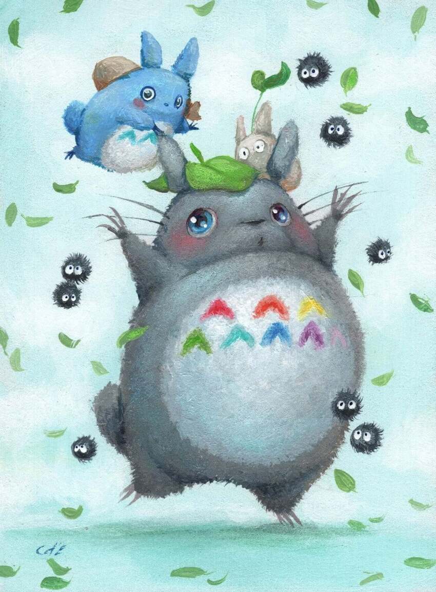 aqua_background arms_up blue_eyes blush camilla_d&#039;errico chibi_totoro chuu_totoro claws commentary highres leaf no_humans painting_(medium) sanpaku standing standing_on_one_leg studio_ghibli susuwatari tail tonari_no_totoro totoro traditional_media whiskers