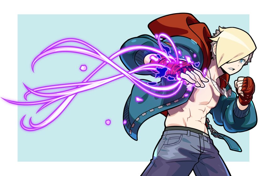 1boy abs absurdres arms_up asymmetrical_hair bare_pectorals black_male_underwear blonde_hair blue_eyes blue_jacket blue_pants border clenched_hand clenched_teeth collarbone denim ed_(street_fighter) hair_over_one_eye hand_wraps highres hood hood_down hooded_jacket jacket jeans jewelry looking_to_the_side male_focus male_underwear male_underwear_peek navel necklace one_eye_covered open_clothes open_jacket outside_border pants pectorals red_hood sach56000 solo standing street_fighter street_fighter_6 teeth toned toned_male underwear unzipped white_border zipper