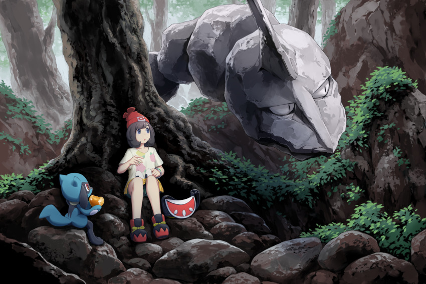 1girl :o bag bare_legs beanie black_hair blue_eyes bracelet commentary_request eating floral_print food forest gen_1_pokemon gen_4_pokemon green_shorts hat jewelry mk_(mikka) nature nintendo onigiri onix outdoors pokemon pokemon_(creature) pokemon_sm red_headwear riolu rock selene_(pokemon) shirt shoes short_hair short_sleeves shorts shoulder_bag sitting sneakers swept_bangs t-shirt tree z-ring
