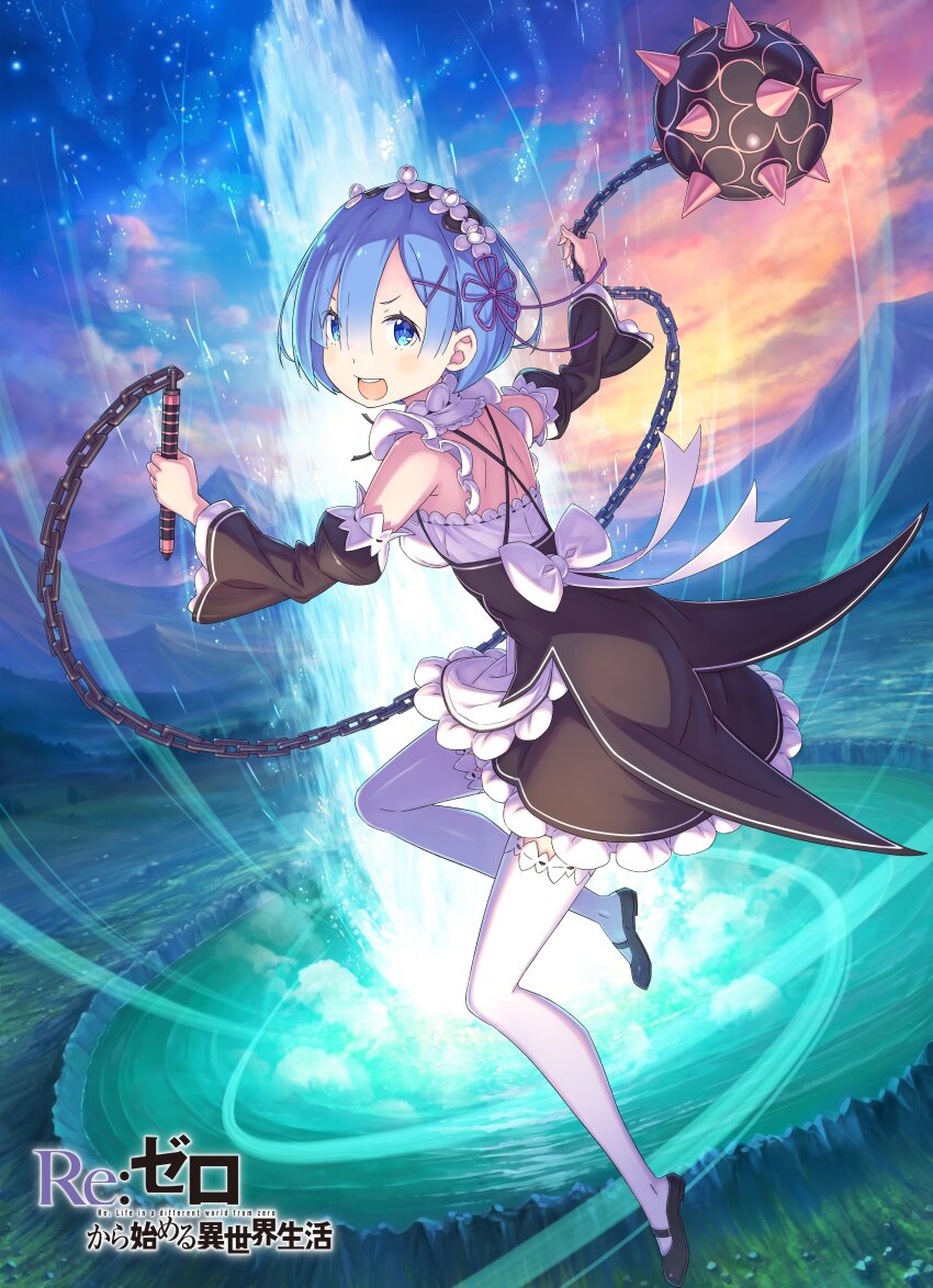 1girl absurdres apron ball_and_chain_(weapon) black_dress black_shoes black_sleeves blue_eyes blue_hair blush breasts cloud commentary_request copyright_name detached_sleeves dress english_text evening fighting_stance fisheye floating forest fountain frilled_apron frills from_behind full_body hair_ornament hair_ribbon highres holding holding_weapon looking_at_viewer maid maid_apron maid_headdress mary_janes medium_breasts mountain nature official_art ootsuka_shin&#039;ichirou open_mouth outdoors outstretched_arm outstretched_arms puffy_sleeves purple_ribbon re:zero_kara_hajimeru_isekai_seikatsu rem_(re:zero) ribbon ribbon-trimmed_clothes ribbon_trim roswaal_mansion_maid_uniform shoes short_dress short_hair sky sleeveless sleeveless_dress solo spread_arms tareme teeth thighhighs title upper_teeth_only v-shaped_eyebrows waist_apron water weapon white_apron white_thighhighs wide_sleeves x_hair_ornament