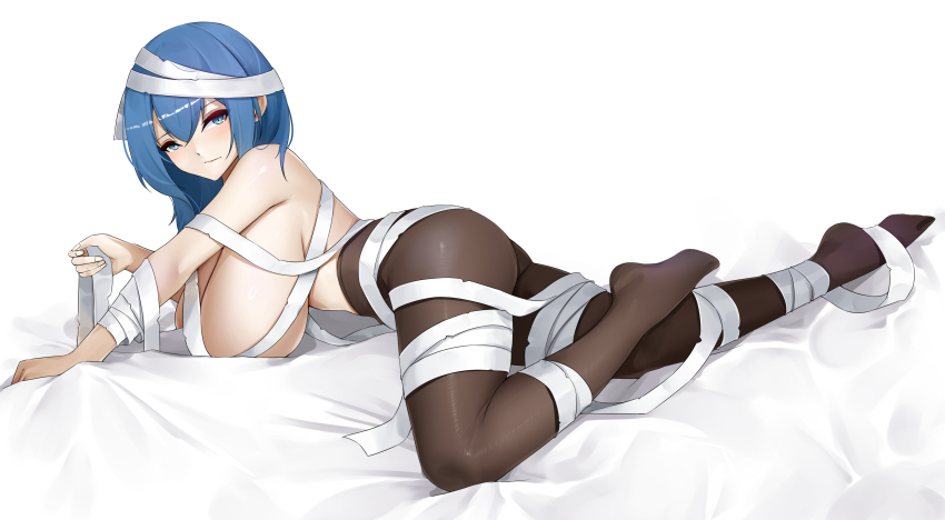 1girl absurdres ass bandaged_head bandaged_leg bandaged_torso bandages bare_shoulders bed_sheet black_pantyhose blue_eyes blue_hair breasts casperrin closed_mouth commentary dp-12_(girls&#039;_frontline) full_body girls&#039;_frontline hair_between_eyes highres large_breasts long_hair looking_at_viewer lying mummy_costume naked_bandage on_stomach pantyhose shadow sidelocks simple_background solo topless_female white_background