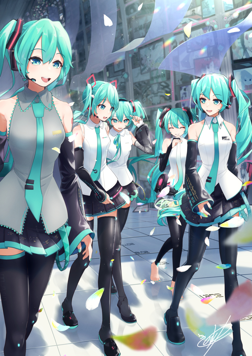 5girls absurdres anniversary aqua_eyes aqua_hair aqua_nails aqua_necktie aqua_ribbon banner bare_shoulders barefoot black_gloves black_skirt black_sleeves black_thighhighs blurry blurry_background boots bridal_gauntlets closed_eyes clothing_cutout collarbone detached_sleeves falling_petals fukkireta gloves grey_shirt grin hair_ornament half-closed_eyes hand_up hatsune_miku hatsune_miku_(append) hatsune_miku_(nt) hatsune_miku_(vocaloid3) hatsune_miku_(vocaloid4) hatsune_miku_no_shoushitsu_(vocaloid) headphones headset highres kinosuke_(pattaba) kochira_koufuku_anshin_iinkai_desu_(vocaloid) layered_sleeves long_hair looking_at_another looking_to_the_side lost_one_no_goukoku_(vocaloid) miniskirt multiple_girls multiple_persona musunde_hiraite_rasetsu_to_mukuro_(vocaloid) nail_polish neck_ribbon necktie open_mouth otome_kaibou_(vocaloid) petals piapro_studio pleated_skirt ribbon see-through_clothes see-through_sleeves shirt shoulder_tattoo skirt sleeveless sleeveless_shirt smile song_request songover stomach_cutout sukina_koto_dake_de_ii_desu_(vocaloid) tattoo thigh_boots thighhighs tile_floor tiles timeline twintails very_long_hair vocaloid vocaloid_append walking white_shirt white_sleeves zettai_ryouiki