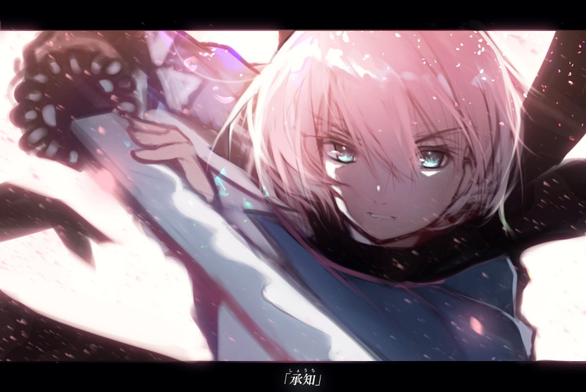 1girl angry aqua_eyes fate/grand_order fate_(series) female_focus fighting_stance framed frown gradient_hair hair_between_eyes holding holding_sword holding_weapon japan katana looking_at_viewer multicolored_hair okita_souji_(fate) okita_souji_(koha-ace) parted_lips pink_hair sakura scarf shinsengumi short_hair signature solo sword tarbo_(exxxpiation) teeth text_focus twintails upper_body weapon