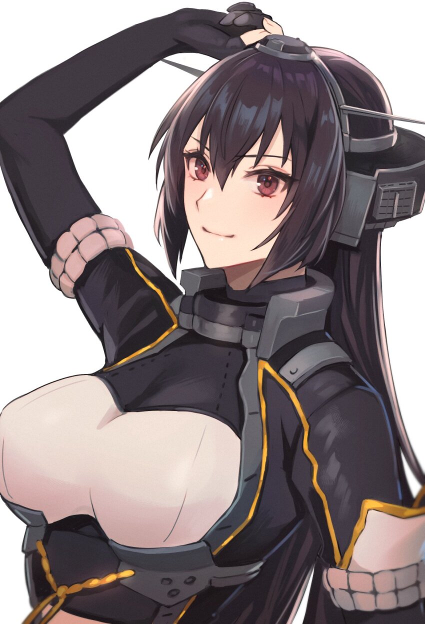 1girl arm_up black_gloves black_hair breasts closed_mouth commentary_request elbow_gloves gloves hair_between_eyes headgear highres kantai_collection kasumi_(skchkko) large_breasts long_hair looking_at_viewer nagato_(kancolle) nagato_kai_ni_(kancolle) partially_fingerless_gloves red_eyes simple_background solo upper_body very_long_hair white_background
