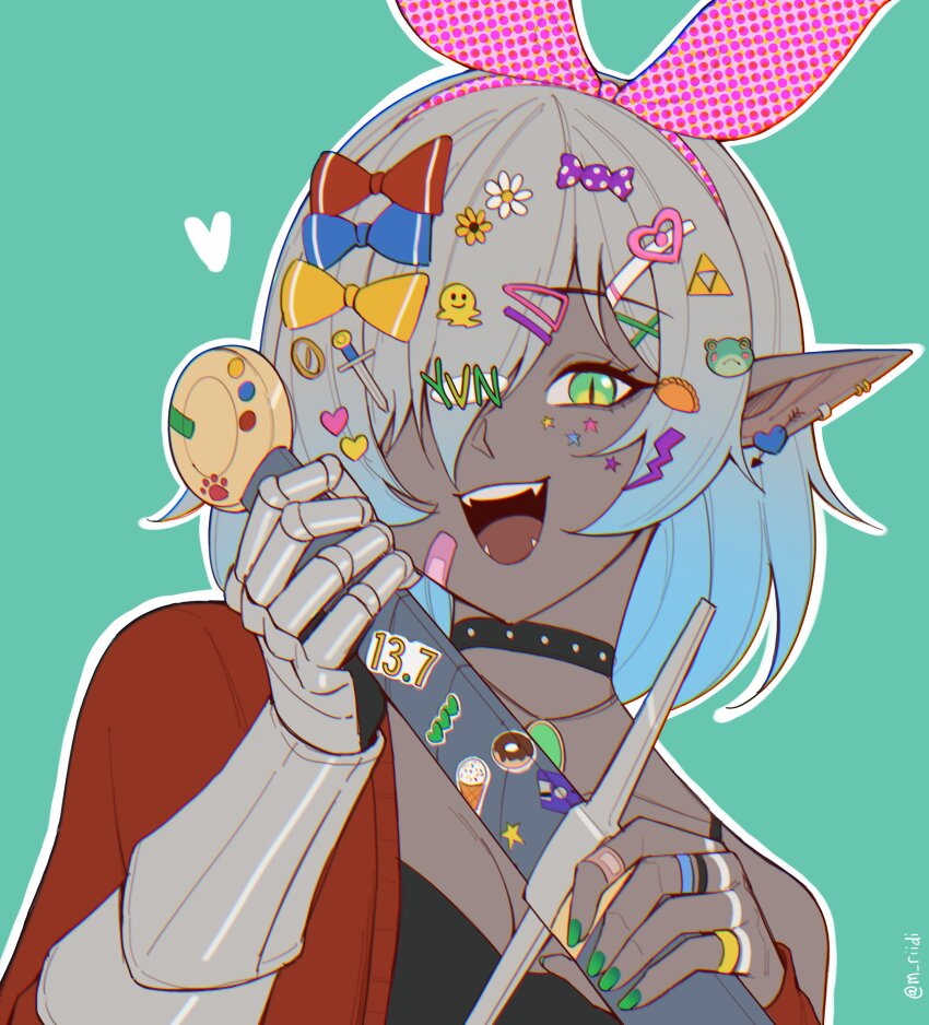 absurdres blue_hair bow daisy_(flower) dark_elf elf emoji_hair_ornament flower frog gauntlets gradient_hair green_eyes green_nails grey_hair hair_bow hair_ornament heart heart_hair_ornament highres jewelry lightning_bolt lightning_bolt_hair_ornament lightning_bolt_symbol mawaridi melting_face_emoji multicolored_hair nail_polish no_hair_ornament original pointy_ears ring single_gauntlet slit_pupils star_(symbol) sword sword_hair_ornament sword_hilt triforce two-tone_hair weapon yvonne_(mawaridi)