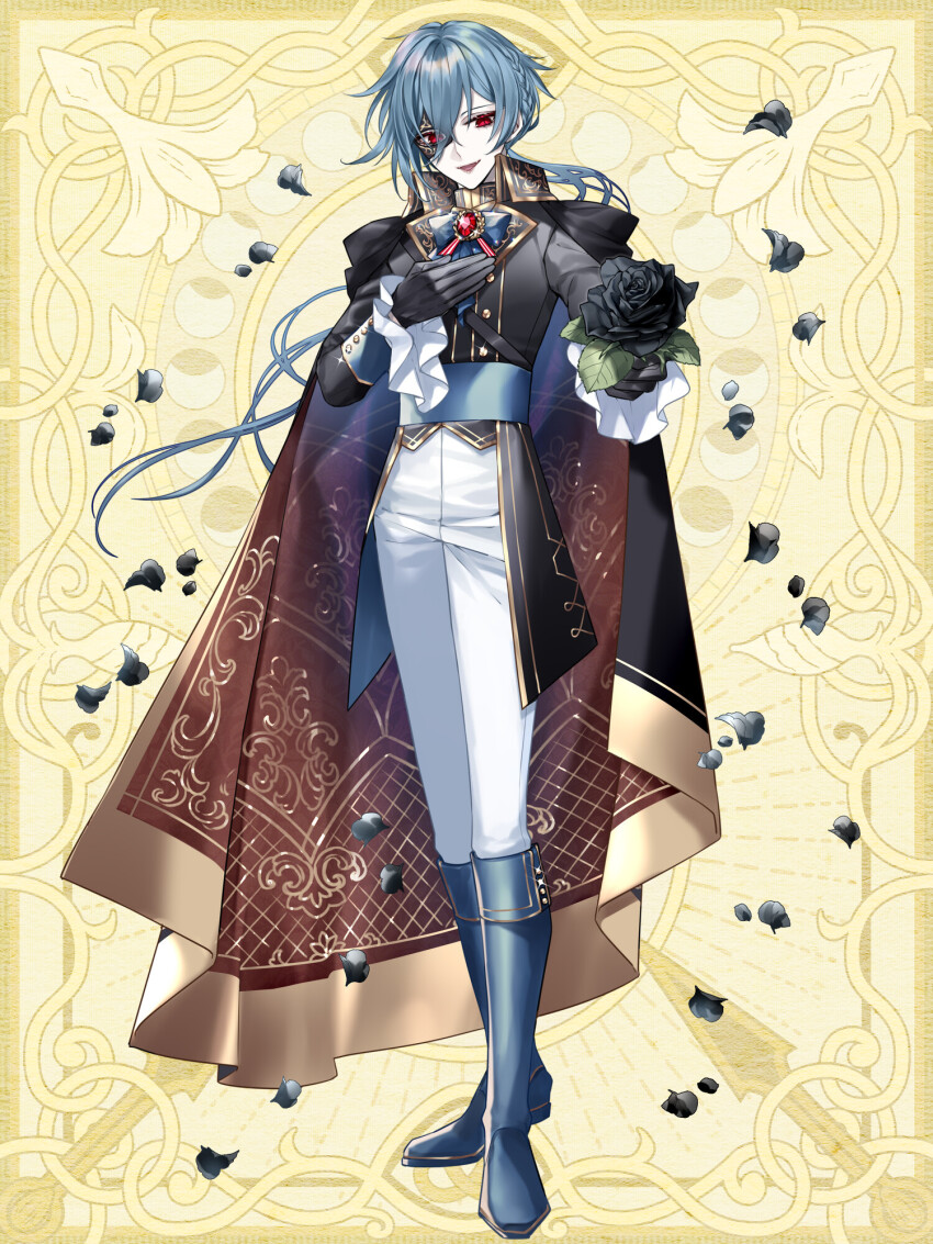 1boy :d black_cape black_flower black_gloves black_jacket black_rose blue_boots blue_bow blue_bowtie blue_hair boots bow bowtie braid brooch brown_cape buttons cape collared_cape cuff_links cummerbund dairoku_ryouhei domino_mask double-breasted falling_petals fangs flower fold-over_boots frilled_sleeves frills full_body gem giving gloves gold_trim hair_between_eyes half_mask half_up_braid hand_on_own_chest highres holding holding_flower jacket jewelry knee_boots long_hair long_sleeves looking_at_viewer low_ponytail male_focus mask open_mouth pants patterned_clothing petals ponytail red_eyes red_gemstone rose smile solo two-sided_cape two-sided_fabric white_pants yellow_background yusa_tk74