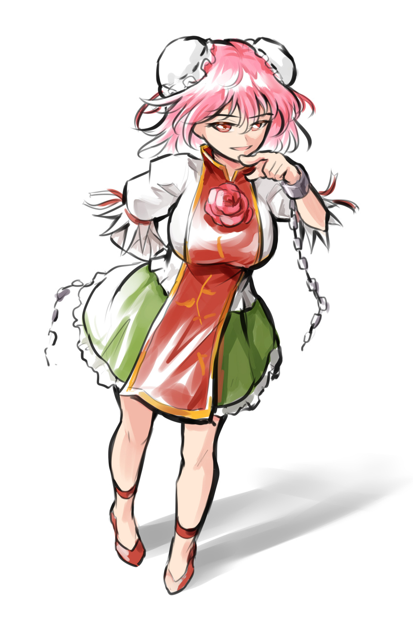 1girl absurdres bandaged_arm bandages bun_cover cuffs double_bun edz_drawz flower hair_bun highres ibaraki_kasen open_mouth pink_eyes pink_flower pink_hair pink_rose red_tabard rose shackles short_hair solo tabard touhou