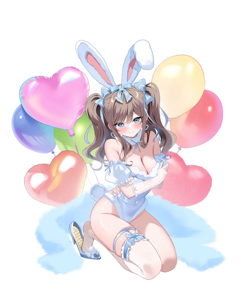 1girl animal_ears balloon bare_shoulders blue_eyes blue_leotard blue_shawl blush bow breasts bridal_gauntlets brown_hair cleavage closed_mouth collarbone covered_navel detached_collar earrings fake_animal_ears hair_between_eyes hair_bow hair_ornament hair_ribbon heart_balloon high_heels highres jewelry lace_trim large_breasts leotard long_hair looking_at_viewer original piyopoyo playboy_bunny rabbit_ears rabbit_tail ribbon shawl single_thighhigh smile solo tail thighhighs thighlet white_thighhighs