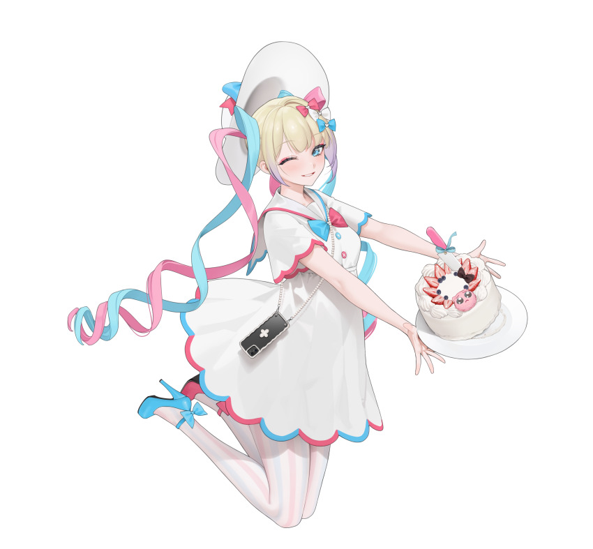 1girl absurdres asymmetrical_footwear blonde_hair blue_bow blue_eyes blue_footwear blue_hair bow buttons cake cellphone chouzetsusaikawa_tenshi-chan collared_dress dress eyeshadow food fruit full_body grin hair_bow hat high_heels highres holding holding_cake holding_food knife legs_up long_hair looking_at_viewer makeup mismatched_footwear multicolored_bow multicolored_hair multiple_hair_bows needy_girl_overdose official_art ohisashiburi one_eye_closed pantyhose phone pien_cat_(needy_girl_overdose) pink_bow pink_eyeshadow pink_hair pink_shoes purple_hair quad_tails sailor_collar shoes short_sleeves simple_background smartphone smile solo strawberry striped_clothes striped_pantyhose sun_hat white_background white_bow white_dress white_hat white_pantyhose