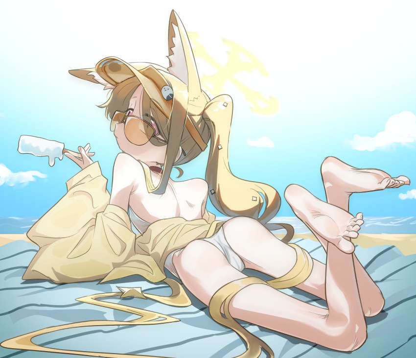 1girl absurdres animal_ear_fluff animal_ears ass bare_back bare_legs bare_shoulders barefoot beach beach_towel blonde_hair blue_archive blue_sky cameltoe cardigan cardigan_partially_removed cloud cross_halo expressionless extra_ears eyes_visible_through_hair feet feet_up fingernails floppy_ears food fox_ears fox_girl fox_tail frogsnake from_behind hair_over_one_eye hair_over_shoulder halo hand_up highleg highleg_one-piece_swimsuit highres holding holding_food holding_popsicle loli long_hair long_sleeves looking_at_viewer looking_back lying off_shoulder official_alternate_costume on_stomach one-piece_swimsuit open_cardigan open_clothes orange-tinted_eyewear pink_eyes popsicle sand seia_(blue_archive) seia_(swimsuit)_(blue_archive) side_ponytail sky soles solo star_ornament sunglasses sunlight swimsuit tail tail_ornament thighs tinted_eyewear toes towel very_long_hair very_long_tail visor_cap white_one-piece_swimsuit yellow_cardigan yellow_halo yellow_visor