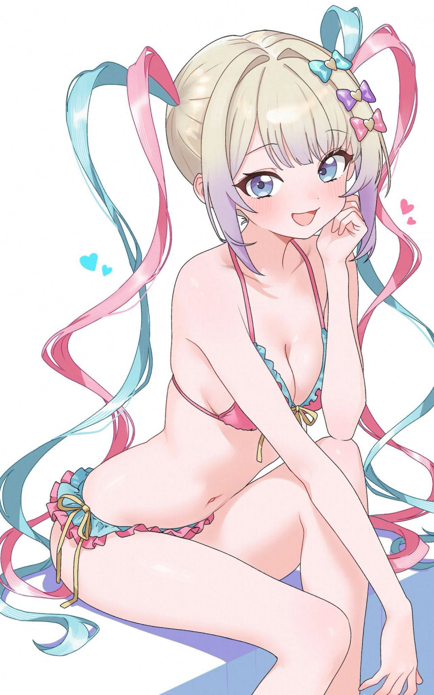 1girl :d alternate_costume bikini blonde_hair blue_bikini blue_bow blue_eyes blue_hair blush bow breasts chouzetsusaikawa_tenshi-chan cleavage collarbone commentary elbow_on_knee feet_out_of_frame frilled_bikini frills gradient_hair hair_bow hair_intakes hair_ornament halterneck hand_on_own_face hand_up happy heart heart_hair_ornament highres inami_(x_spidekawaii_x) knee_up leaning_forward long_hair looking_at_viewer medium_breasts multicolored_bikini multicolored_hair multiple_hair_bows navel needy_girl_overdose open_mouth pink_bikini pink_bow pink_hair purple_bow quad_tails ribbon shadow sidelocks simple_background sitting smile solo stomach swimsuit two-tone_bikini very_long_hair white_background yellow_ribbon