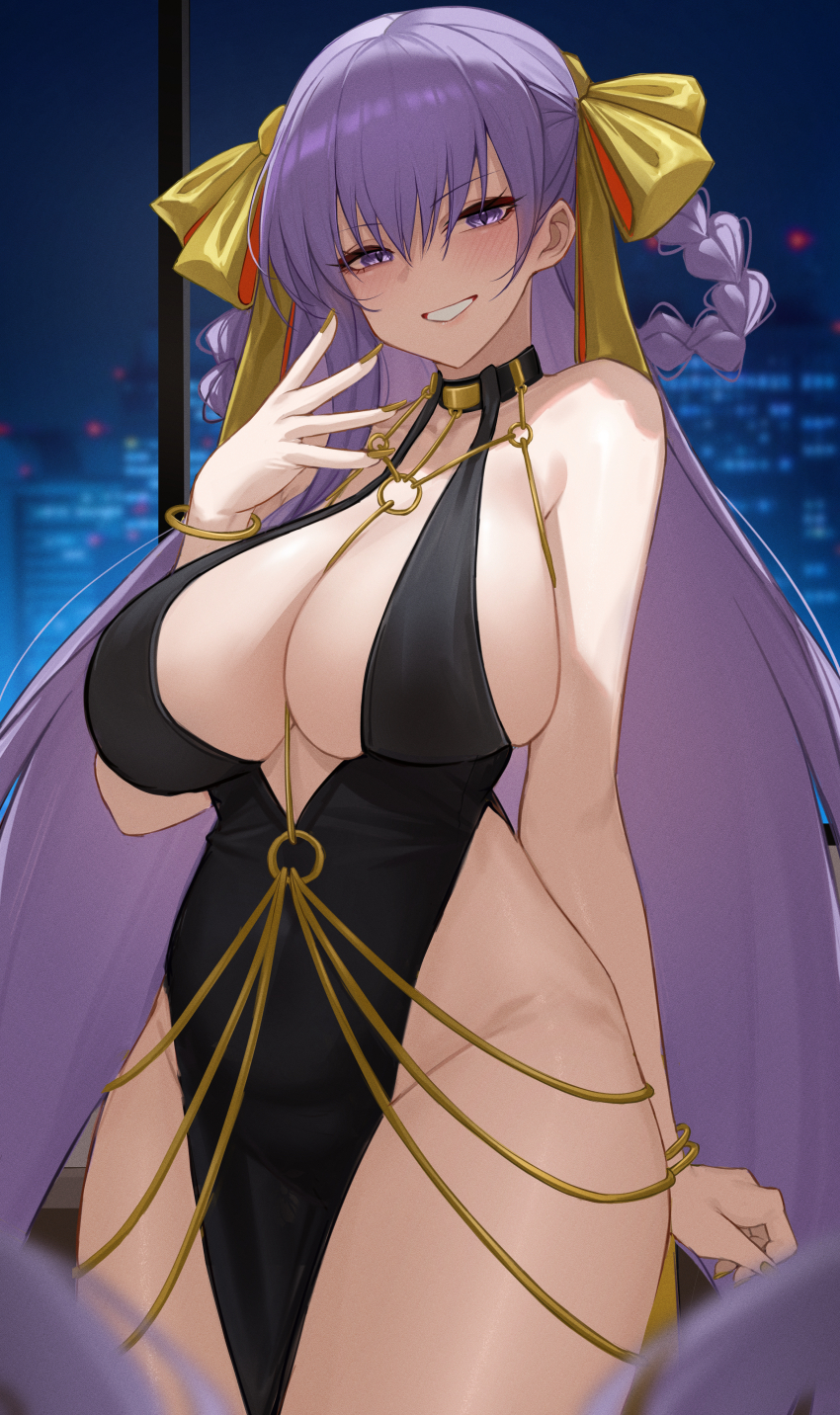 1girl absurdres bb_(fate) bb_dubai_(fate) breasts center_opening chain commentary cowboy_shot dress evening_gown fate/grand_order fate_(series) gold_chain hair_ribbon highres indoors kiyoi_(gyhw8444) large_breasts long_hair night night_sky pelvic_curtain purple_eyes purple_hair ribbon sky smirk solo very_long_hair yellow_nails yellow_ribbon