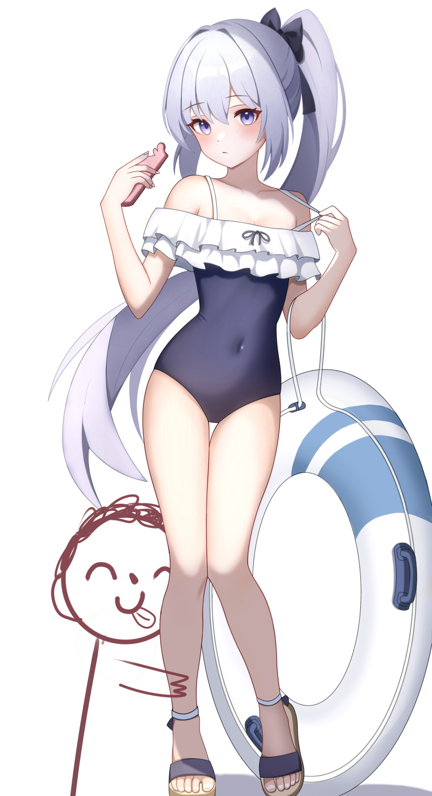 1girl absurdres bare_legs bare_shoulders black_bow blue_archive blue_one-piece_swimsuit bow breasts cleavage closed_mouth collarbone covered_navel expressionless feet frilled_one-piece_swimsuit frills full_body grey_hair hair_between_eyes hair_bow hands_up high_ponytail highres holding holding_phone kenomotsu_yukuwa knees_together_feet_apart legs lifebuoy light_blush long_hair miyako_(blue_archive) miyako_(swimsuit)_(blue_archive) off-shoulder_one-piece_swimsuit off_shoulder one-piece_swimsuit phone ponytail purple_eyes sandals simple_background small_breasts solo standing straight_hair strap_pull swim_ring swimsuit thigh_gap toenails toes very_long_hair white_background
