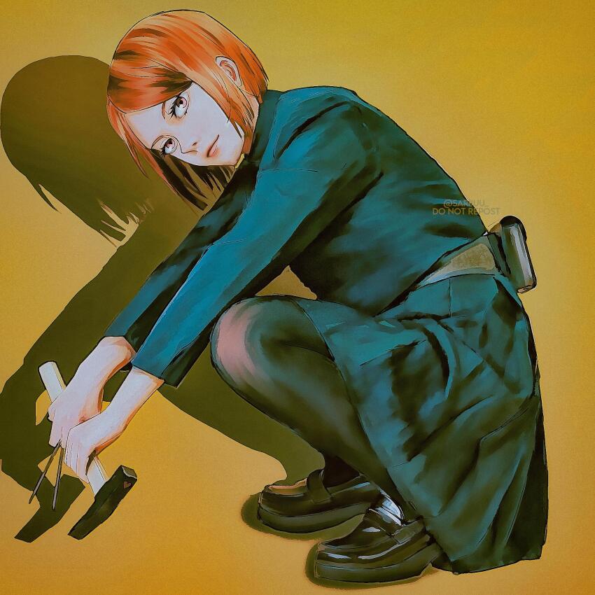 1girl artist_name bad_id bad_reddit_id belt belt_pouch black_jacket black_pantyhose black_shoes black_skirt bob_cut brown_belt brown_eyes drop_shadow from_side full_body hammer highres holding holding_hammer holding_nail jacket jujutsu_kaisen kugisaki_nobara loafers long_sleeves looking_at_viewer looking_to_the_side nail nail_(hardware) pantyhose pink_lips pleated_skirt pouch red_hair shadow shoes short_hair simple_background sira_(si12o2) skirt solo squatting swept_bangs twitter_username yellow_background