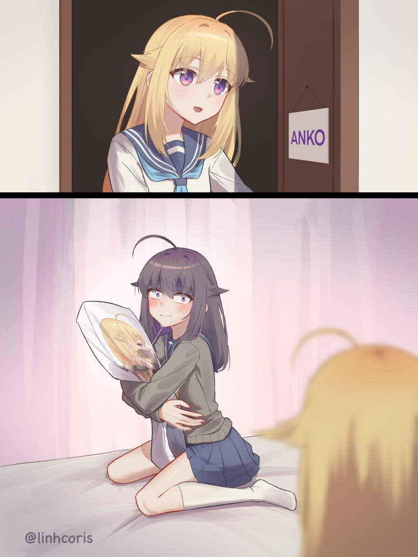 2girls absurdres aqua_neckerchief bed blonde_hair blue_neckerchief blue_sailor_collar blush body_pillow caught character_print dakimakura_(object) female_pervert highres holding holding_pillow hugging_object implied_yuri koshi_anko_(shikanoko) koshi_torako linhcoris long_hair long_sleeves multiple_girls neckerchief on_bed open_mouth pervert pillow pillow_hug purple_eyes purple_hair sailor_collar school_uniform serafuku shikanoko_nokonoko_koshitantan shirt skirt smile white_shirt
