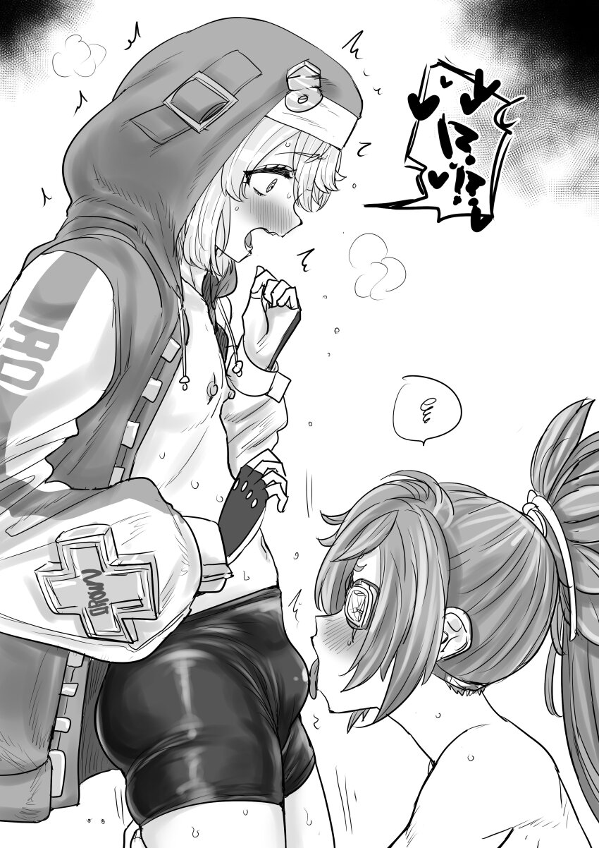 1boy 1girl absurdres androgyne_symbol baiken big_hair bike_shorts black_gloves blonde_hair blush breasts bridget_(guilty_gear) bulge bulge_to_face eyepatch facial_tattoo fingerless_gloves gloves guilty_gear guilty_gear_strive hetero highres hood hood_up hooded_jacket hoodie jacket kaiman_garupan large_breasts licking_bulge long_hair long_sleeves medium_hair nipples one-eyed open_clothes open_hoodie open_mouth ponytail scar scar_across_eye scar_on_face tattoo trap