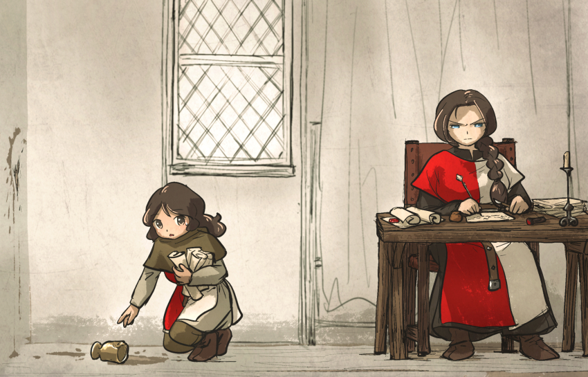 2girls angry belt braid brown_belt brown_eyes brown_footwear brown_hair candlestand commentary dress english_commentary glaring highres ironlily kneeling lady_merle_(ironlily) long_braid looking_at_viewer multiple_girls ordo_mediare_sisters_(ironlily) paper_stack parchment red_dress single_braid spill table wax_seal white_dress window wooden_chair wooden_table writing