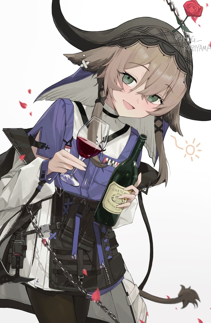 1girl :d alcohol animal_ears arknights black_pantyhose bottle brown_hair chain commentary_request cowboy_shot cup deibadoo drink drinking_glass flower flower_on_head green_eyes grey_background hair_between_eyes hair_ornament highres holding holding_bottle holding_drink light_blush liquor long_sleeves open_mouth pallas_(arknights) pantyhose partial_commentary red_flower red_rose rose short_hair sidelocks smile solo standing twitter_username white_background wine wine_bottle wine_glass x_hair_ornament