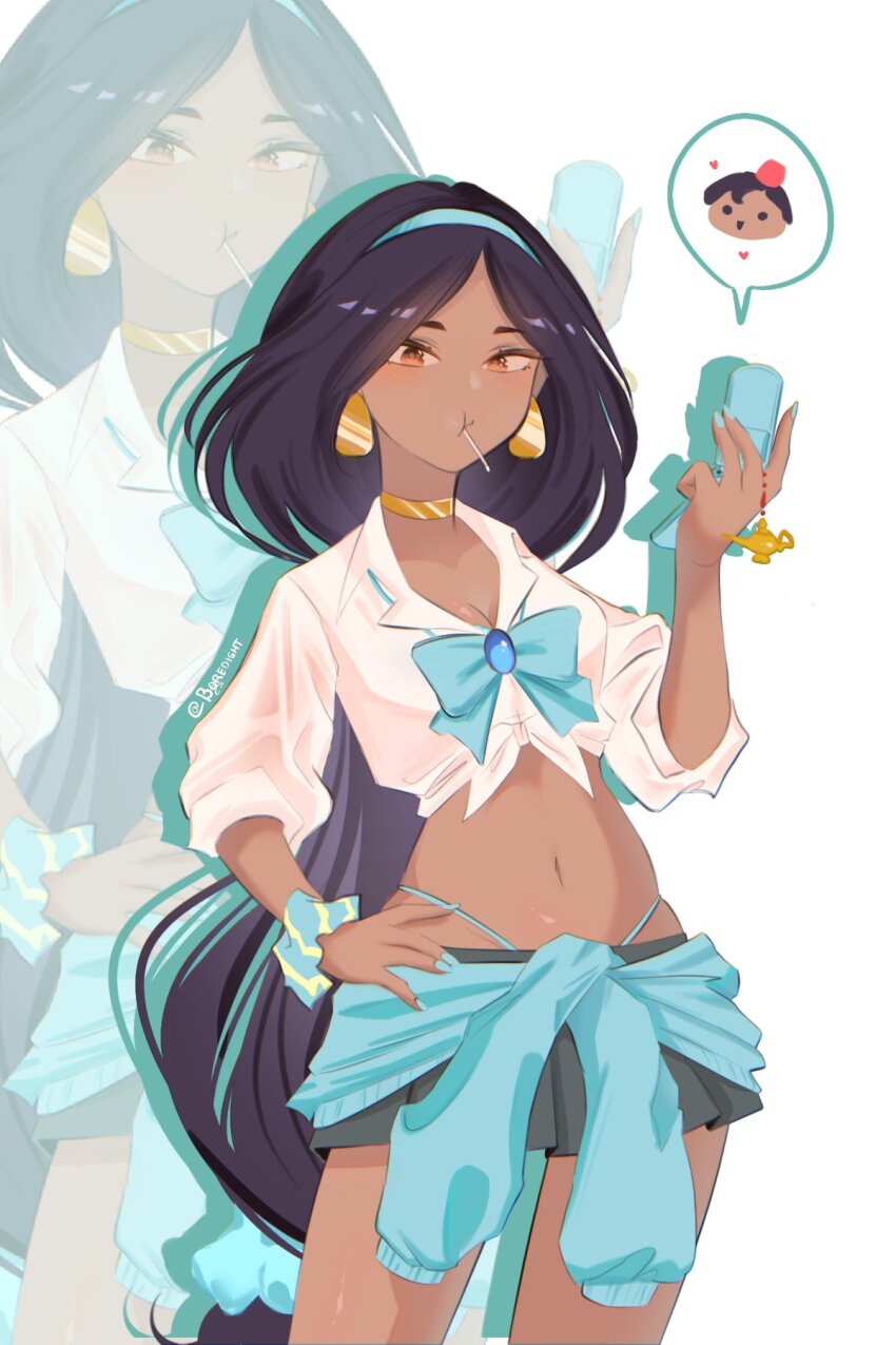 1girl aladdin_(disney) aladdin_(movie) black_hair boredisht bow bowtie breasts brooch brown_eyes cellphone clothes_around_waist contemporary dark-skinned_female dark_skin disney_princess earrings fake_nails gyaru highres jasmine_(disney) jewelry lollipop_in_mouth long_hair looking_at_viewer loose_bowtie midriff miniskirt navel phone school_uniform scrunchie shirt skirt solo sweater sweater_around_waist thong very_long_hair wrist_scrunchie zoom_layer