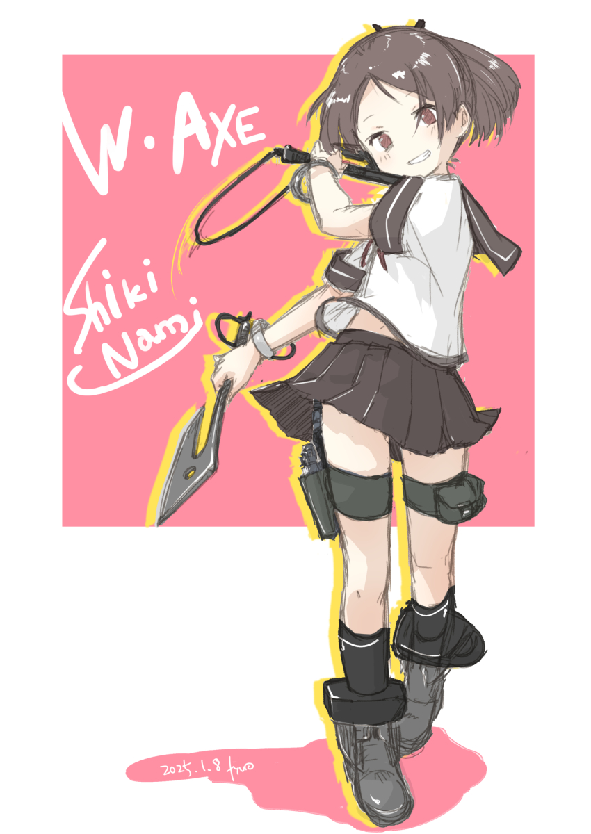 1girl absurdres artist_name axe black_socks brown_eyes brown_hair brown_sailor_collar brown_skirt character_name dated full_body fyuo grin highres holding holding_axe kantai_collection pleated_skirt ponytail sailor_collar school_uniform serafuku shadow shikinami_(kancolle) short_hair short_sleeves skirt smile socks solo thigh_strap two-tone_background
