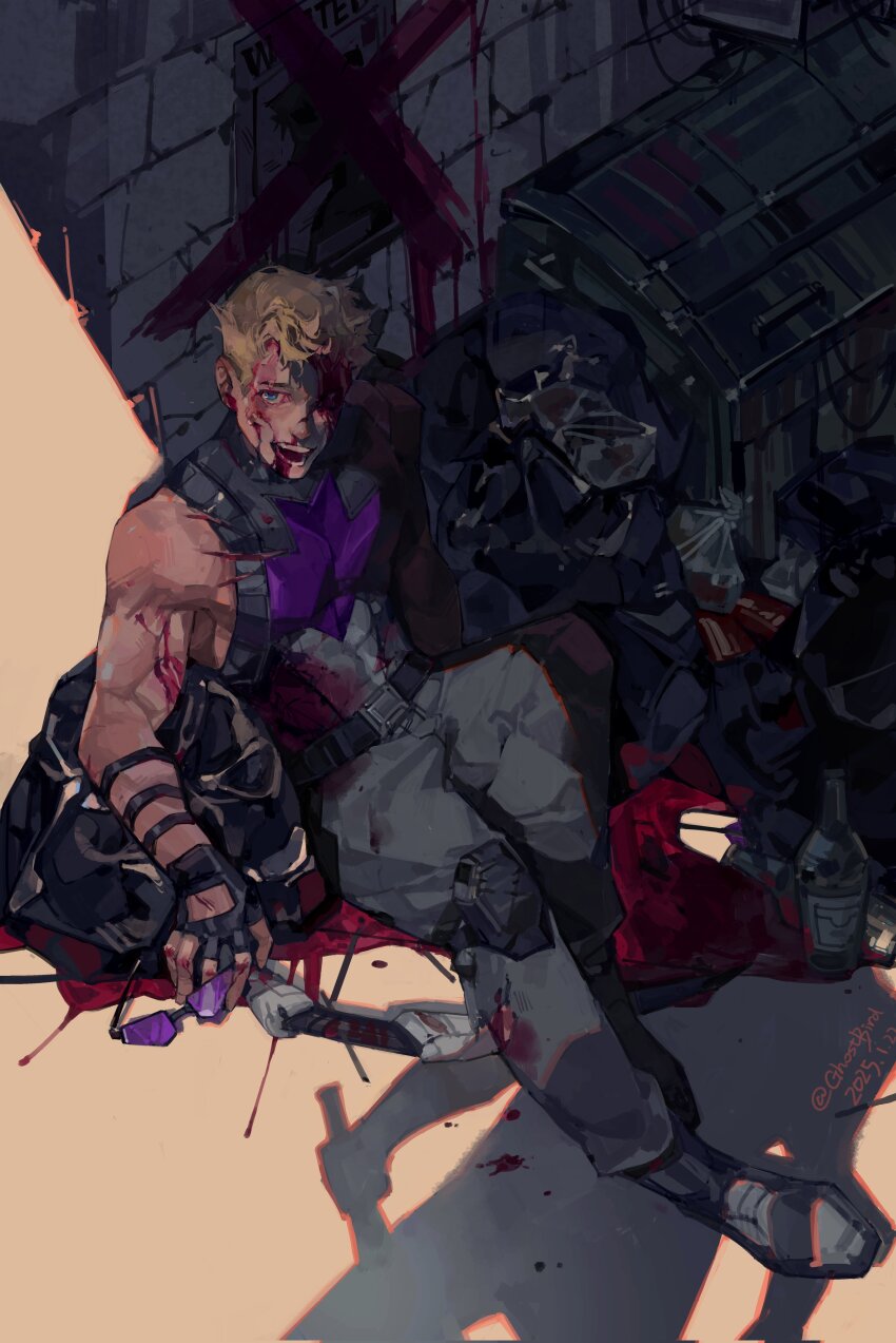 1boy absurdres against_wall armor artist_name bare_shoulders belt black_belt black_boots black_gloves black_shirt blonde_hair blood blood_on_arm blood_on_clothes blood_on_face blue_eyes boots bottle bow_(weapon) brick_wall clint_barton dated fingerless_gloves gloves goggles grey_pants hawkeye_(marvel) highres holding holding_goggles injury looking_at_viewer marvel muscular muscular_male open_mouth pants purple_armor shadow shirt short_hair sitting sleeveless sleeveless_shirt smile solo superhero_costume teeth torn_clothes trash_bag trash_can unworn_goggles wanted_poster weapon xingji20108