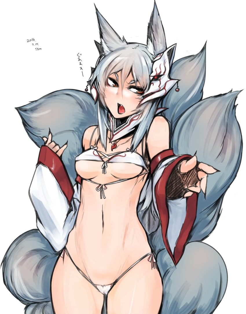 1girl animal_ears bare_shoulders breasts brown_eyes cowboy_shot dated detached_collar detached_sleeves fang female_focus fingernails fox_ears fox_mask front-tie_top hair_between_eyes highres jewelry long_fingernails m/ magatama mask multiple_tails navel necklace open_clothes open_shirt original panties pendant shirt side-tie_panties sigama silver_hair simple_background solo string_panties tail underboob underwear white_background white_panties