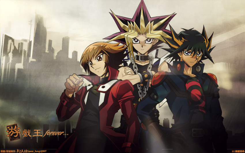 3boys arm_at_side arm_up artist_request bad_id bad_pixiv_id behind_another belt black_choker black_hair black_pants black_shirt black_wrist_cuffs blue_eyes blue_jacket blue_pants brown_background brown_belt brown_eyes brown_gloves brown_hair building chain chain_around_neck choker city cityscape clear_sky clenched_hand colored_bangs commentary_request copyright_name copyright_notice crossed_arms dappled_sunlight colored_bangs elbow_gloves elbow_pads english_text facial_mark facing_to_the_side facing_viewer fudo_yusei gloves grey_sky hair_slicked_back hand_on_own_hip hand_up hands_on_own_arms highres in-franchise_crossover jacket light_particles looking_at_hand looking_at_viewer looking_down looking_to_the_side male_focus millennium_puzzle multicolored_hair multiple_boys open_clothes open_jacket outdoors pants pointing pointing_at_viewer popped_collar red_eyes red_jacket shirt shoulder_pads side-by-side sky skyscraper sleeveless sleeveless_shirt smile spiked_hair streaked_hair sunlight toned toned_male wind wrist_cuffs yami_yugi yu-gi-oh! yu-gi-oh!_3d_bonds_beyond_time yu-gi-oh!_5d&#039;s yu-gi-oh!_duel_monsters yu-gi-oh!_gx yuki_judai