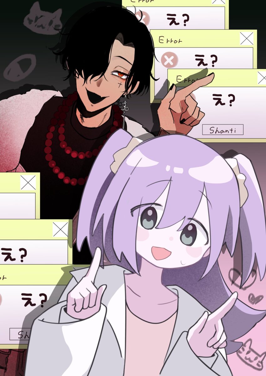 1boy 1girl 37se_a bead_necklace beads black_hair black_sweater blush_stickers coat collared_shirt creator_connection cross_tattoo earrings facial_tattoo hair_over_one_eye highres index_finger_raised jewelry lab_coat looking_at_viewer necklace nemuri-chan okusuri_nonde_neyou_(vocaloid) open_mouth red_eyes shanti_(vocaloid) shirt smile sweater tattoo two_side_up upper_body white_coat window_(computing)