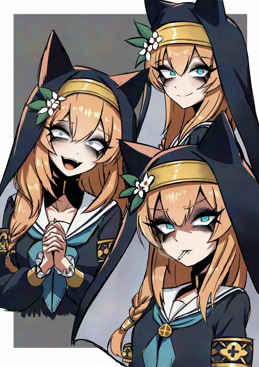 1girl animal_ear_fluff animal_ear_headwear animal_ears blue_archive blue_eyes blush cat_ears fake_animal_ears flower hair_between_eyes hair_flower hair_ornament hairband halo highres long_hair long_sleeves looking_at_viewer mari_(blue_archive) multiple_persona nagainegi nun open_mouth orange_hair simple_background smile solo white_background white_flower yellow_halo