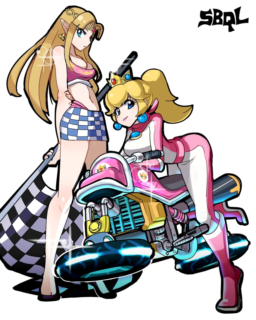 2girls alternate_costume artist_name bare_legs bare_shoulders biker_clothes biker_peach bikesuit blonde_hair blue_eyes bodysuit boots breasts checkered_clothes checkered_flag checkered_skirt circlet cleavage closed_mouth commentary_request contemporary crop_top crossover crown earrings flag floating full_body highres holding holding_flag jewelry knee_boots korean_commentary leaning_forward legs long_hair mario_(series) mario_kart mario_kart_8 mario_kart_wii medium_breasts miniskirt multiple_girls navel nintendo parted_bangs pink_boots pointy_ears ponytail princess_peach princess_zelda race_queen sbql_(niaunclefan) simple_background skirt sleeveless smile sparkle sphere_earrings standing stomach straight_hair the_legend_of_zelda the_legend_of_zelda:_a_link_between_worlds the_legend_of_zelda:_a_link_to_the_past triforce two_tone_bodysuit white_background