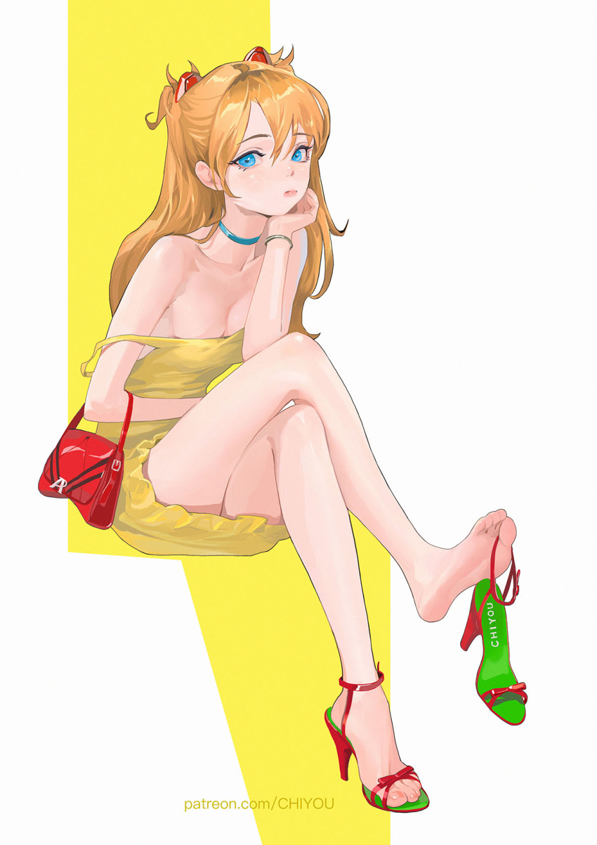 1girl amatiz artist_name bag bare_legs bare_shoulders barefoot between_toes blue_choker blue_eyes blush bracelet breasts choker collarbone commentary crossed_legs dress english_commentary feet full_body hair_between_eyes hair_ornament handbag high_heel_sandals high_heels highres holding holding_with_feet invisible_chair jewelry legs long_hair looking_at_viewer nail_polish neon_genesis_evangelion orange_hair sandals single_sandal sitting small_breasts soles solo souryuu_asuka_langley stiletto_heels strap_slip strappy_heels toenail_polish toenails toes two-tone_background two_side_up watermark web_address white_background yellow_background yellow_dress