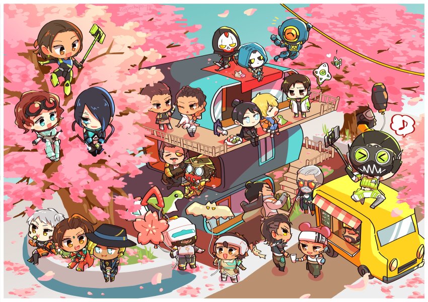 ! &gt;_&lt; 1other 6+boys 6+girls ^_^ absurdres android animification apex_legends ash_(titanfall_2) assault_visor ballistic_(apex_legends) balloon bangalore_(apex_legends) bat_(animal) black_bodysuit black_gloves black_hair black_hat black_jacket black_shirt blonde_hair bloodhound_(apex_legends) blue_eyes blue_hair blue_jacket blue_tank_top bodysuit brown_dress brown_eyes brown_hair cable caustic_(apex_legends) cellphone cherry_blossoms chibi closed_eyes conduit_(apex_legends) crossed_legs crypto_(apex_legends) cup dango dark-skinned_female dark-skinned_male dark_skin double_bun dreadlocks dress eating echo_(apex_legends) everyone eyebrow_piercing eyeshadow face_piercing facial_hair facial_mark fingerless_gloves food food_truck forehead_mark fuse_(apex_legends) gibraltar_(apex_legends) gloves goatee goggles goggles_on_head green_vest grey_hair hack_(apex_legends) hair_bun hat headband helmet highres holding holding_cup horizon_(apex_legends) in-universe_location jacket lifeline_(apex_legends) loba_(apex_legends) long_hair m/ mad_maggie_(apex_legends) makeup mechanical_legs mirage_(apex_legends) mouse_(animal) multicolored_hair multiple_boys multiple_girls napolitan_kako_mae nessie_(respawn) newcastle_(apex_legends) octane_(apex_legends) olympus_(apex_legends) one-eyed one_eye_closed orange_bodysuit pathfinder_(apex_legends) phone piercing pointing portal_(object) rampart_(apex_legends) red_eyeshadow revenant_(apex_legends) sanshoku_dango seer_(apex_legends) selfie_stick shirt short_hair shorts simulacrum_(titanfall) skirt smartphone smile spacesuit streaked_hair sunglasses tank_top valkyrie_(apex_legends) vest voidwalker_wraith wagashi wattson_(apex_legends) white_headband white_jacket white_shirt white_shorts white_skirt wraith_(apex_legends)