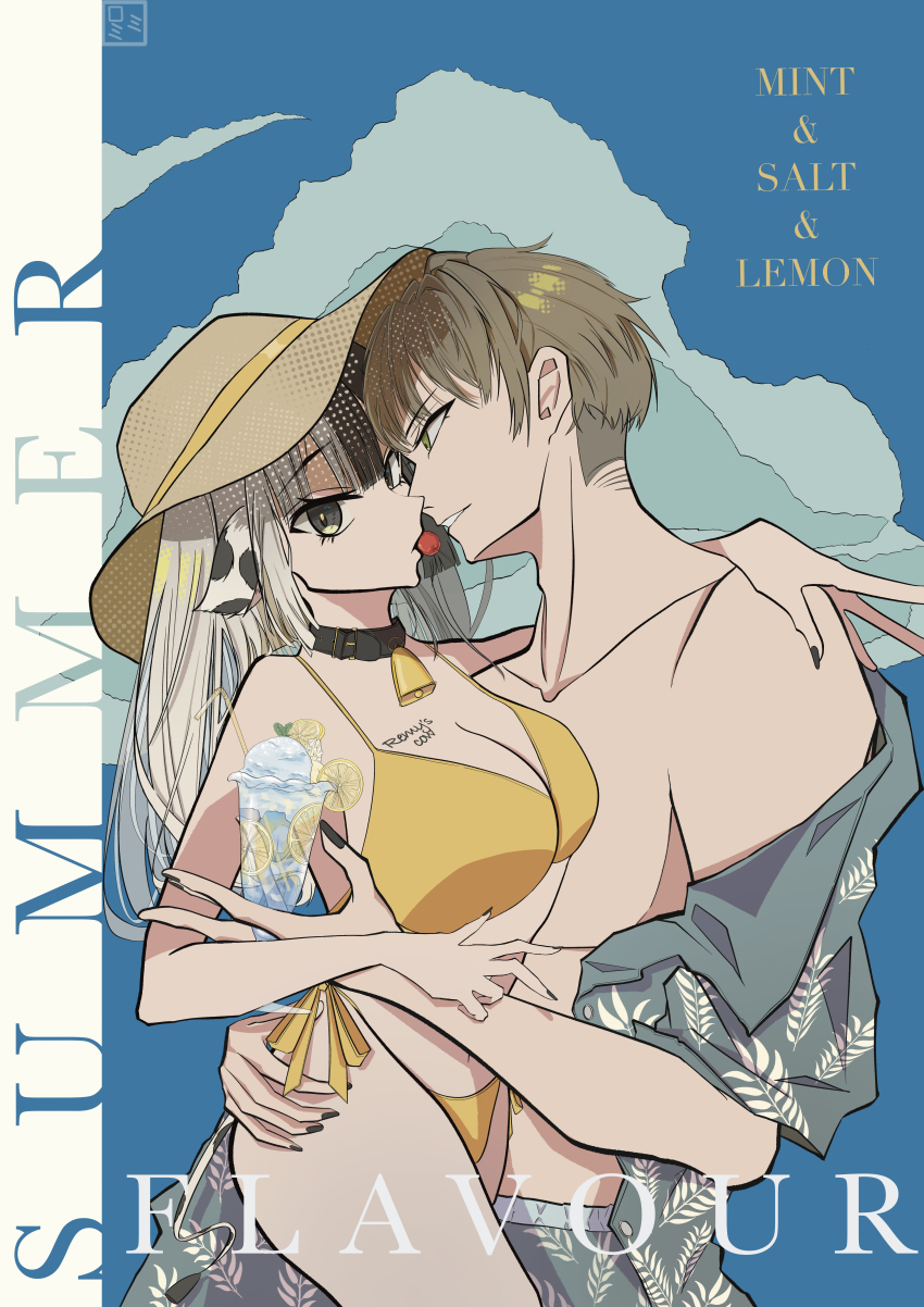 1boy 1girl absurdres animal_ears bell bikini black_eyes black_hair body_writing breasts brown_hair cherry cleavage cow_ears cow_girl cowbell degrees_of_lewdity drink drinking_straw english_text food food_in_mouth fruit green_eyes hat hetero highres holding holding_drink lemon lemon_slice male_swimwear miromi2002 multicolored_hair navel neck_bell player_character_(degrees_of_lewdity) player_character_(female)_(degrees_of_lewdity) remy_(degrees_of_lewdity) remy_(male)_(degrees_of_lewdity) summer swim_trunks swimsuit two-tone_hair white_hair yellow_bikini
