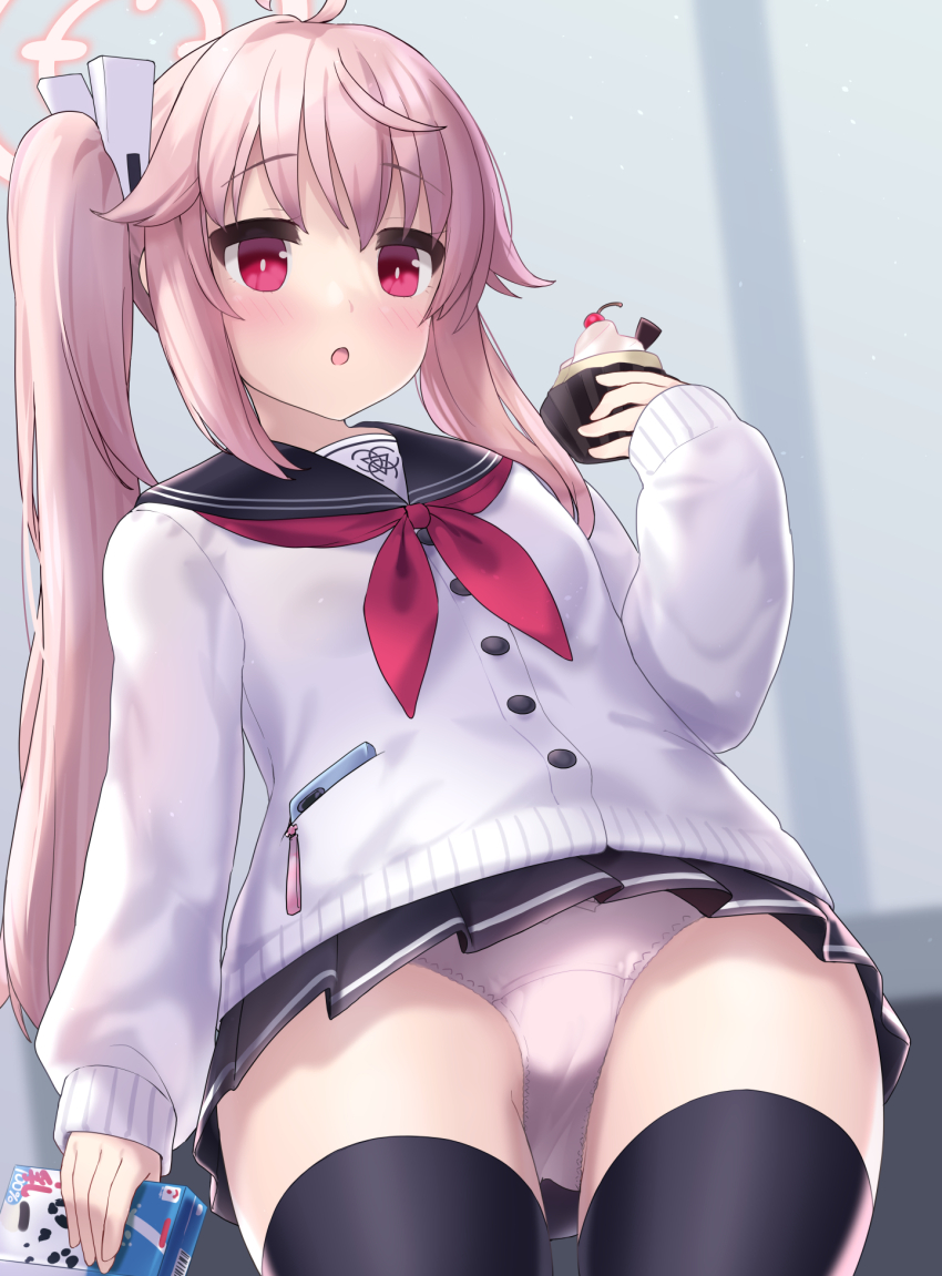 1girl :o ahoge arm_at_side black_sailor_collar black_skirt black_thighhighs blue_archive blush bow bow_panties bright_pupils buttons cake cardigan cellphone commentary_request cowboy_shot crotch_seam cupcake dutch_angle emblem food from_below hair_over_shoulder halo hand_up highres holding holding_cake holding_food holding_juice_box juice_box ktsecond loli long_sidelocks long_sleeves looking_at_viewer looking_down miniskirt natsu_(blue_archive) neckerchief panties pantyshot parted_lips phone phone_in_pocket pink_eyes pink_hair pink_halo pink_panties pleated_skirt pocket red_neckerchief sailor_collar school_uniform serafuku side_ponytail sidelocks skirt smartphone solo standing thighhighs underwear upskirt white_cardigan white_pupils zettai_ryouiki