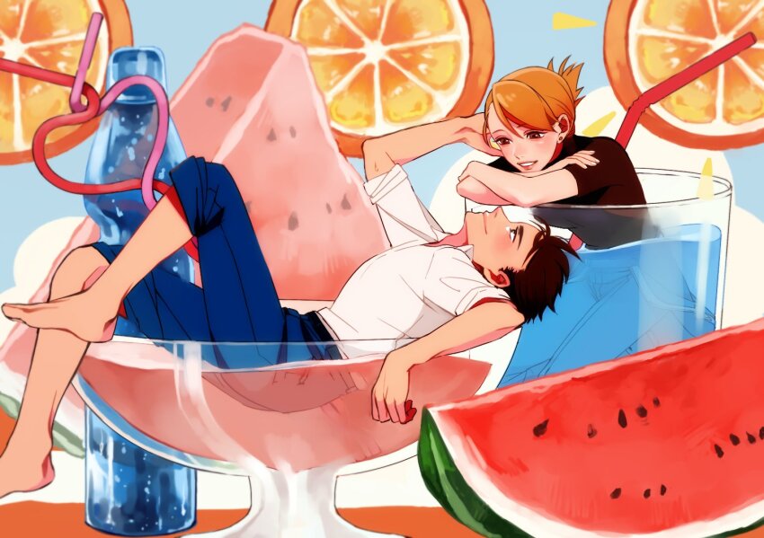 1boy 1girl barefoot black_hair blonde_hair blue_pants brown_eyes commentary_request drinking_straw earrings folded_ponytail food fruit fullmetal_alchemist glass ichita_kuuto jewelry mini_person miniboy minigirl orange_(fruit) pants pants_rolled_up parted_lips partially_submerged pink_lips ramune riza_hawkeye roy_mustang smile soda_bottle stud_earrings watermelon watermelon_slice