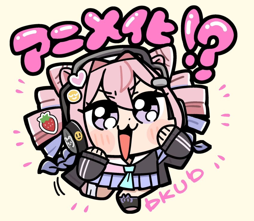 1girl :3 animal_ears arknights artist_name asymmetrical_legwear bkub black_jacket black_shirt black_socks blue_necktie blush_stickers braid chibi chibi_only commentary_request cone_hair_bun dot_nose drill_hair food-themed_hair_ornament full_body hair_between_eyes hair_bun hair_intakes hair_ornament hamster_ears headphones heart heart_hair_ornament highres jacket kneehighs long_sleeves mismatched_legwear multicolored_hair multicolored_shirt necktie open_mouth pink_hair pink_shirt pink_shoes pleated_skirt purple_eyes purple_hair purple_skirt sailor_collar shirt shoes signature simple_background single_kneehigh single_sock skirt smiley_hair_ornament socks solo split-color_clothes strawberry_hair_ornament translation_request two-tone_hair two-tone_shirt u-official_(arknights) white_background white_sailor_collar white_socks