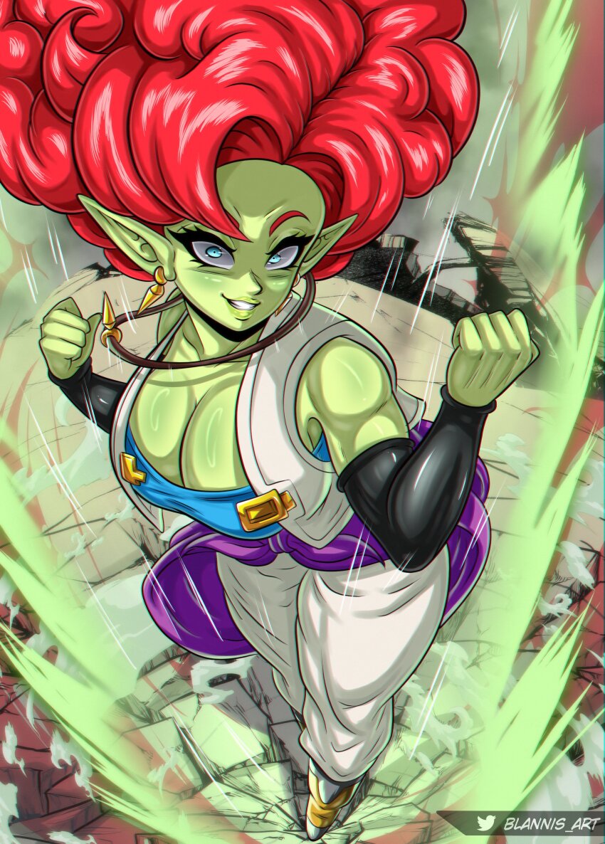 1girl absurdres alien alternate_hair_color alternate_skin_color aqua_eyes artist_name aura bare_shoulders black_sleeves blannis blue_shirt blush boots breasts cape cleavage constricted_pupils detached_sleeves dragon_ball dragonball_z excited eyebrows eyelashes female_focus floating_hair from_above full_body grey_boots grin hands_up highres jewelry large_breasts long_hair long_pointy_ears looking_at_viewer looking_up multicolored_boots muscular muscular_arms muscular_female necklace outdoors pants pointy_ears purple_cape red_hair shirt smile solo standing strapless strapless_shirt teeth two-tone_boots vest waist_cape white_pants white_vest yellow_boots zangya