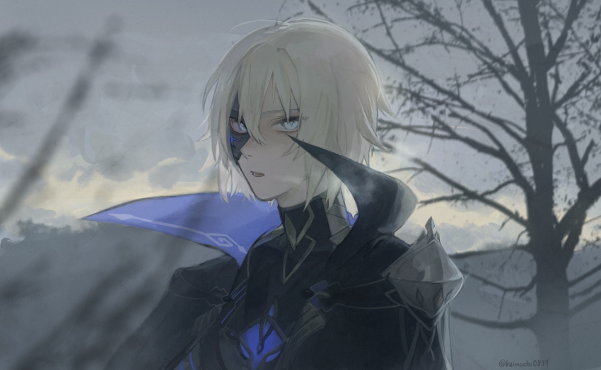 1boy armor artist_name black_cape black_mask black_shirt blonde_hair blue_cape blue_eyes blurry branch cape cloud cloudy_sky dainsleif_(genshin_impact) genshin_impact hair_between_eyes highres kaimochi0839 long_sleeves looking_at_viewer male_focus mask open_mouth outdoors shirt short_hair shoulder_armor sky solo standing star-shaped_pupils star_(symbol) steam symbol-shaped_pupils teeth tongue tree two-sided_cape two-sided_fabric yellow_sky